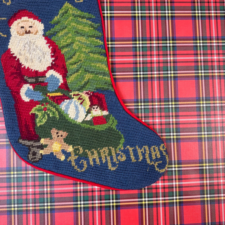 Vintage Merry Christmas Santa and Tree Needlepoint Stocking