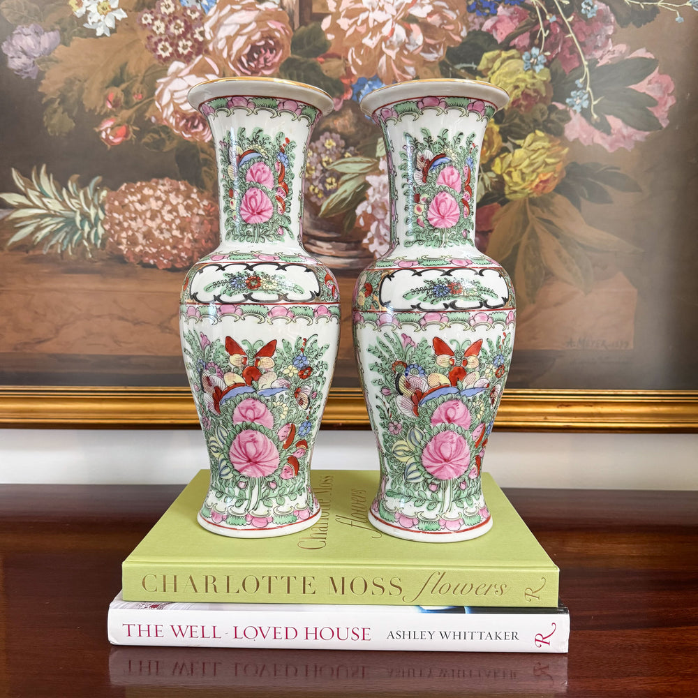 Pair of Vintage Rose Canton Vases