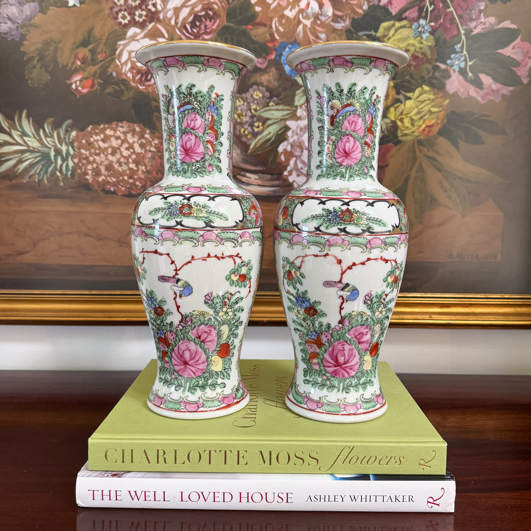 Pair of Vintage Rose Canton Vases