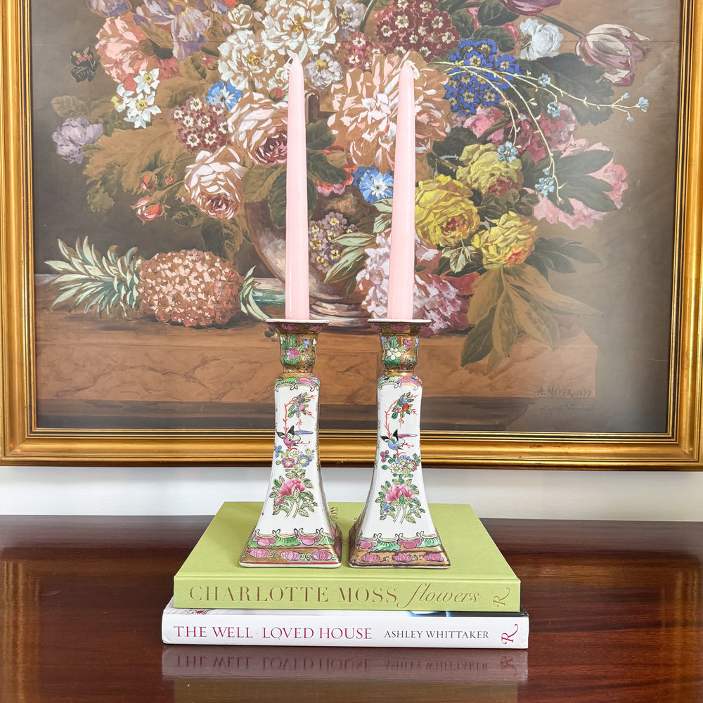 Vintage Pair of Rose Canton Candlestick Holders