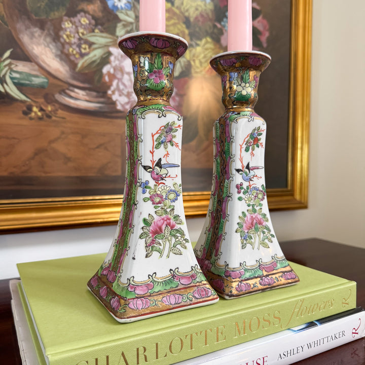 Vintage Pair of Rose Canton Candlestick Holders