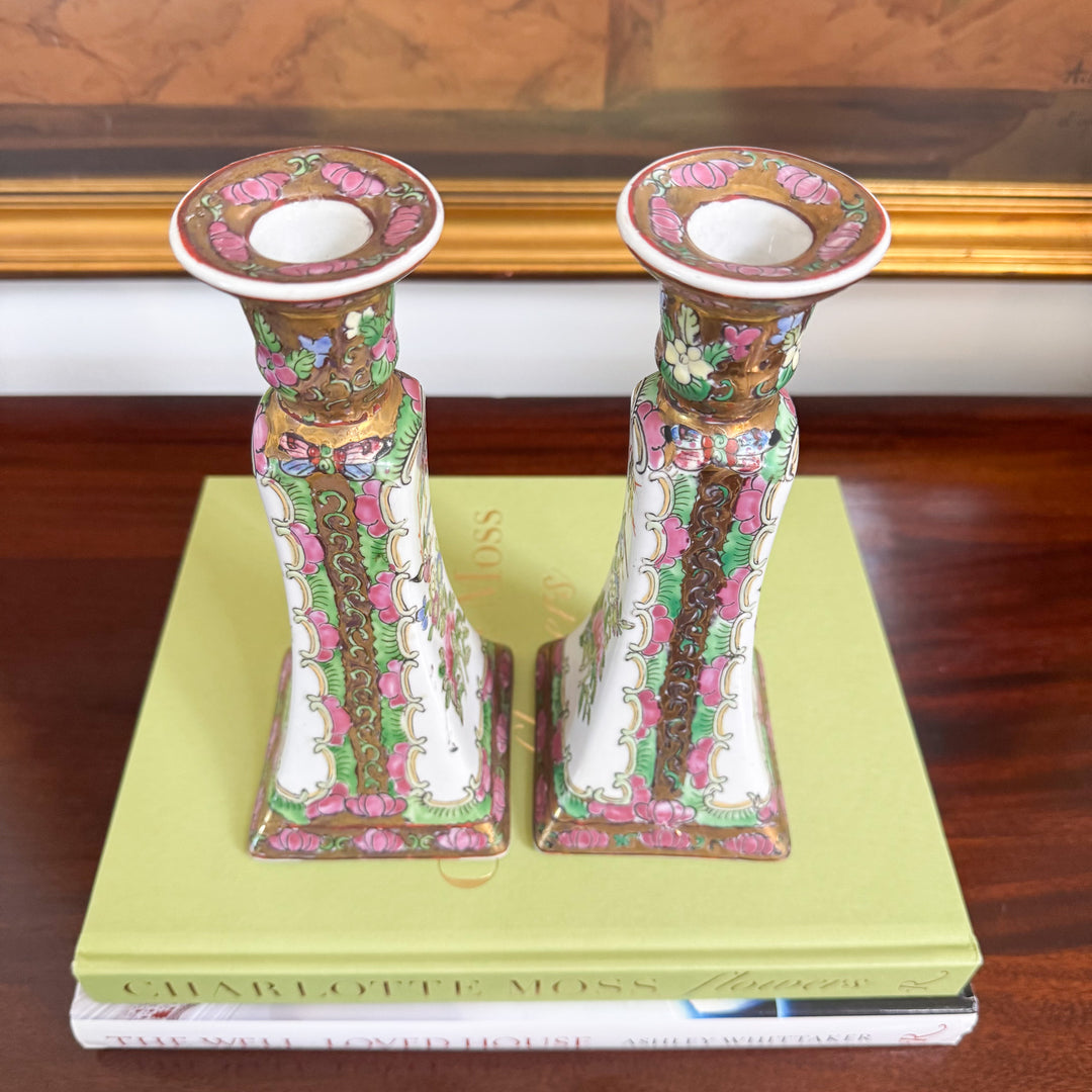 Vintage Pair of Rose Canton Candlestick Holders