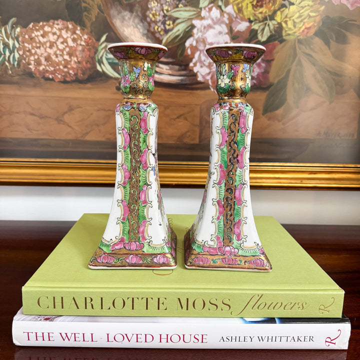 Vintage Pair of Rose Canton Candlestick Holders