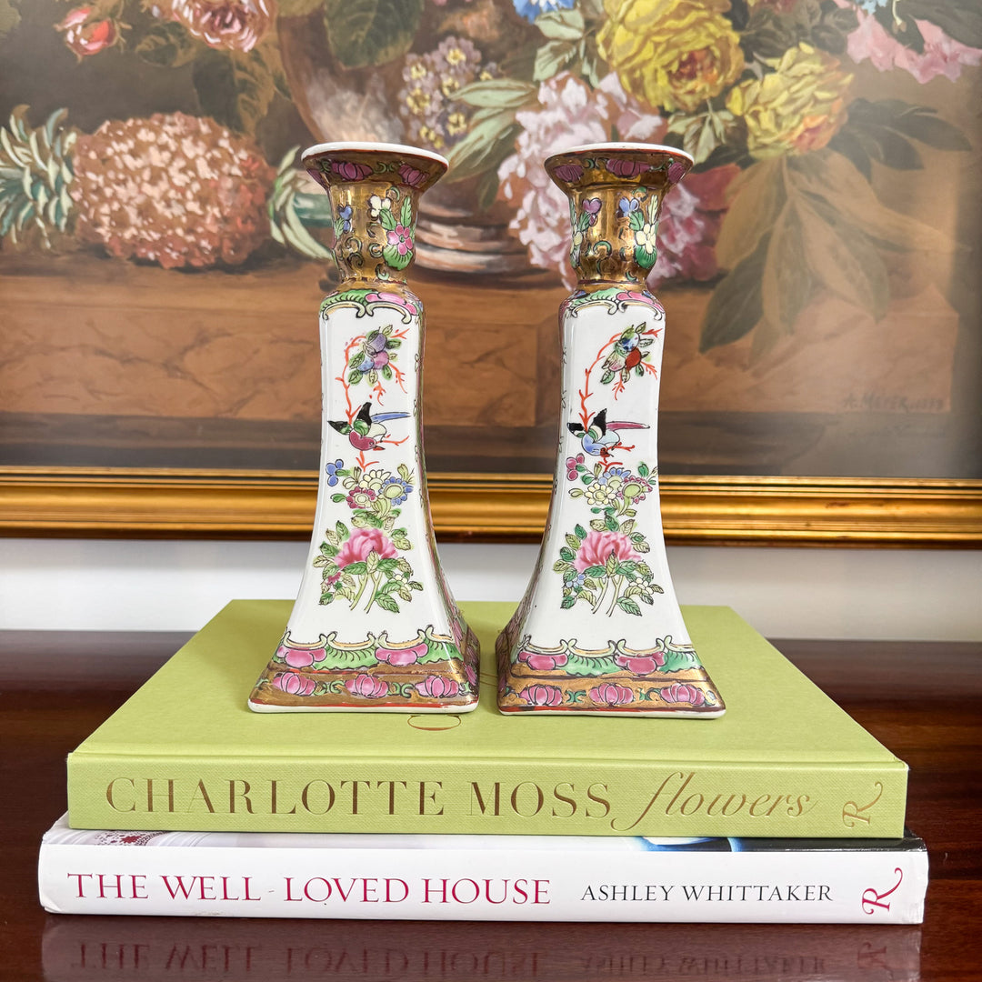 Vintage Pair of Rose Canton Candlestick Holders