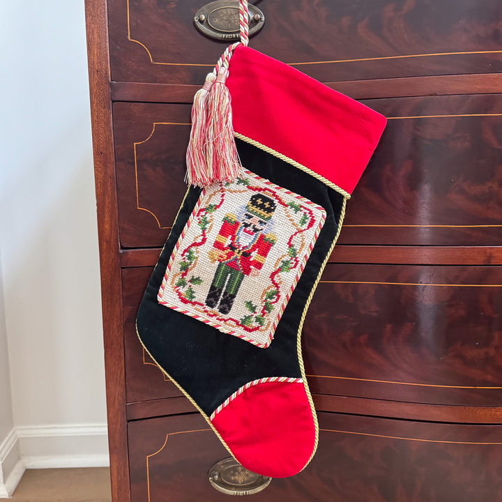 Vintage Nutcracker Needlepoint Stocking with Tassels
