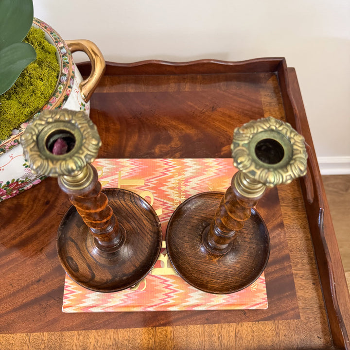 Pair of English Oak and Brass Barley Twist Candlesticks