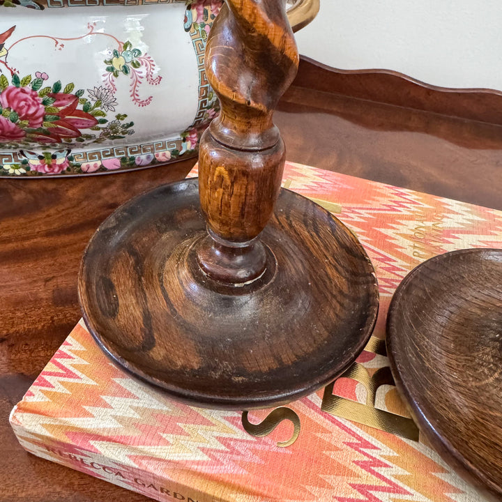 Pair of English Oak and Brass Barley Twist Candlesticks