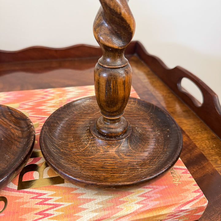 Pair of English Oak and Brass Barley Twist Candlesticks