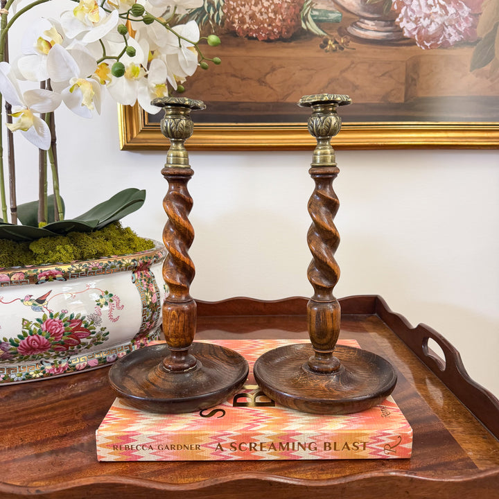 Pair of English Oak and Brass Barley Twist Candlesticks