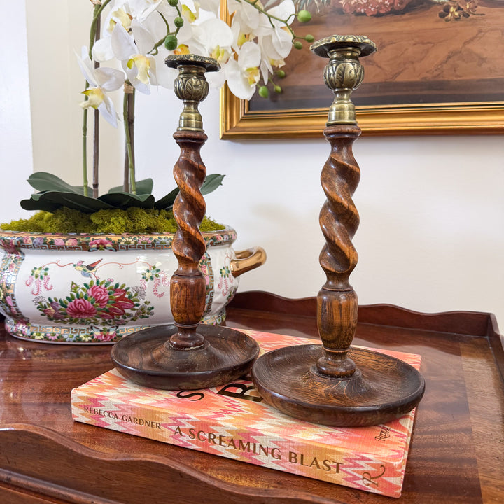 Pair of English Oak and Brass Barley Twist Candlesticks