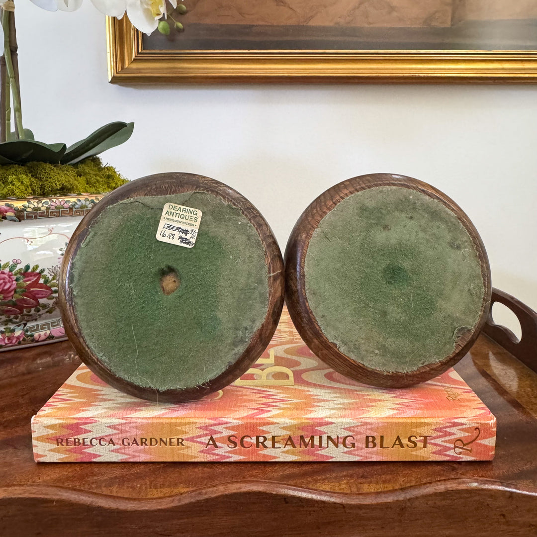 Pair of English Oak and Brass Barley Twist Candlesticks