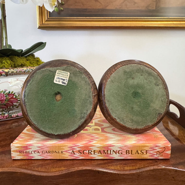 Pair of English Oak and Brass Barley Twist Candlesticks