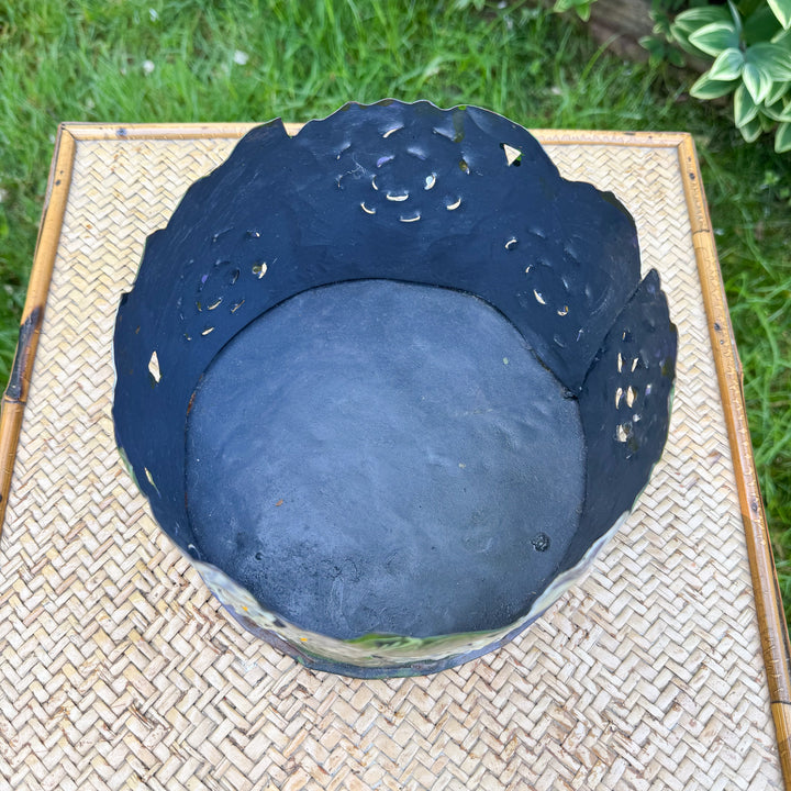 Vintage Hand-Painted Hydrangea Tole Metal Round Planter