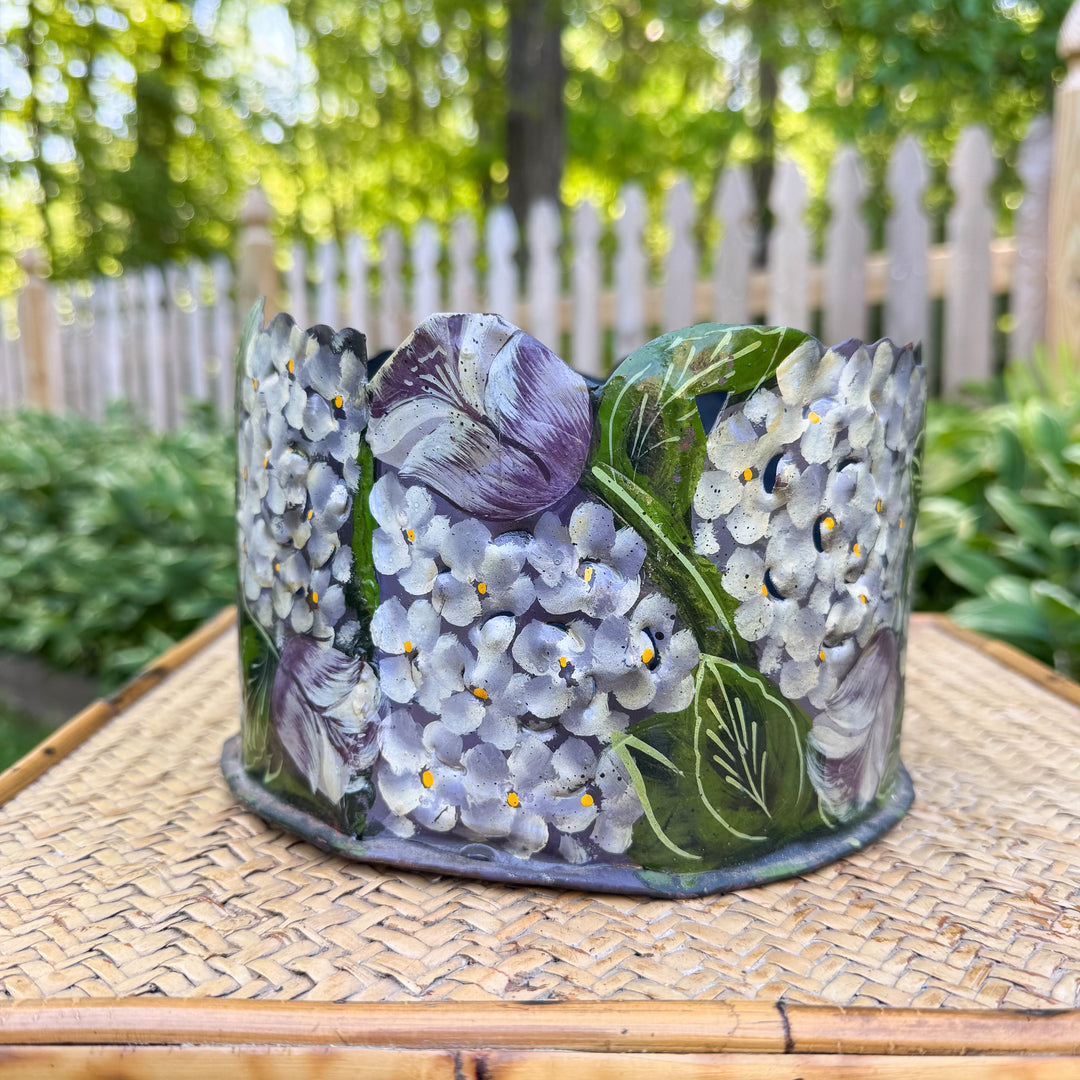 Vintage Hand-Painted Hydrangea Tole Metal Round Planter