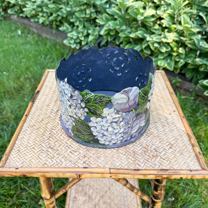 Vintage Hand-Painted Hydrangea Tole Metal Round Planter