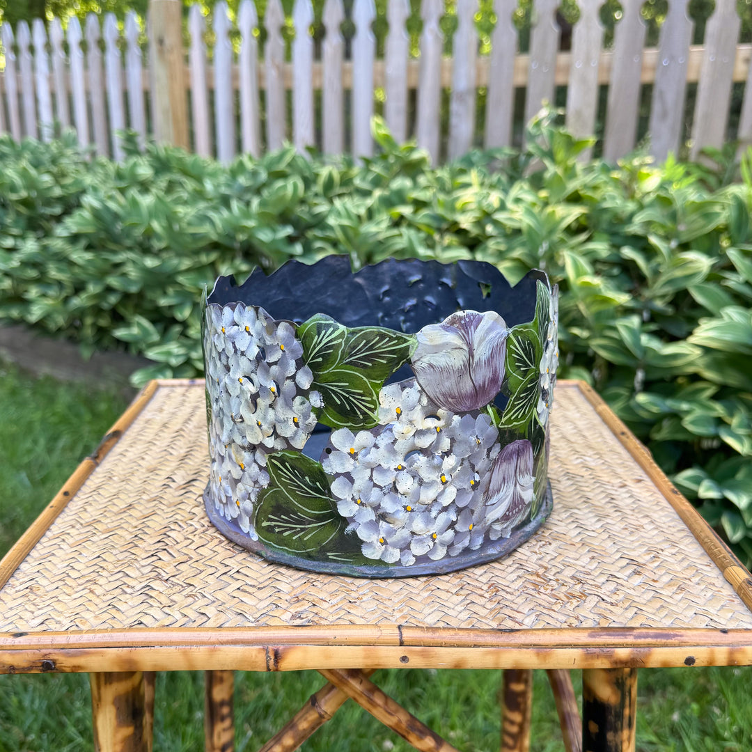 Vintage Hand-Painted Hydrangea Tole Metal Round Planter