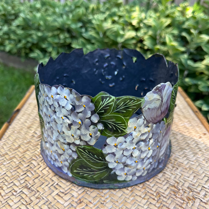 Vintage Hand-Painted Hydrangea Tole Metal Round Planter
