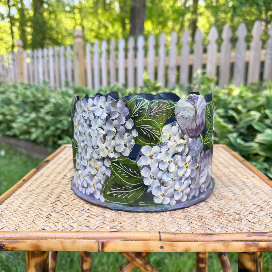 Vintage Hand-Painted Hydrangea Tole Metal Round Planter