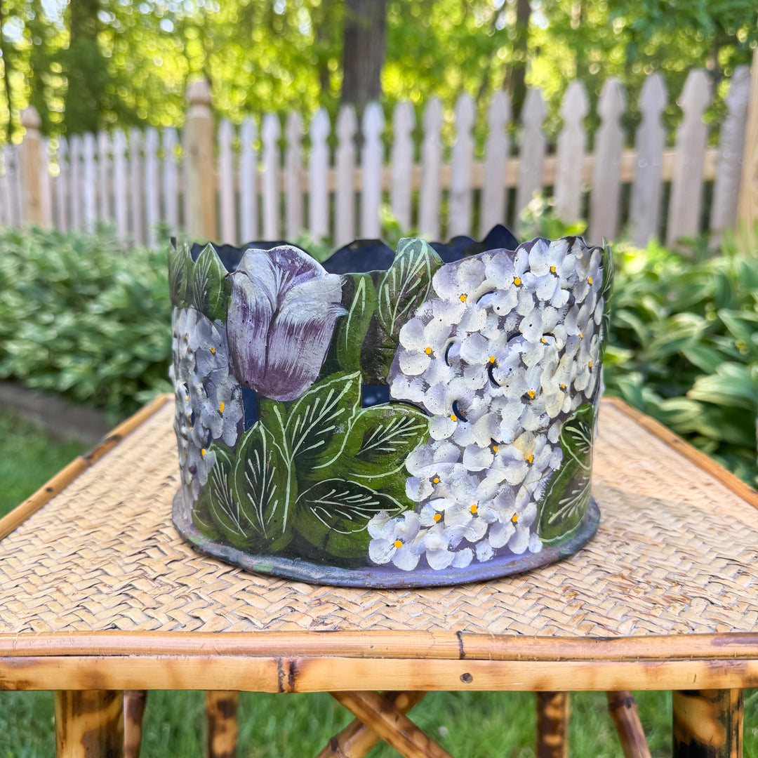 Vintage Hand-Painted Hydrangea Tole Metal Round Planter