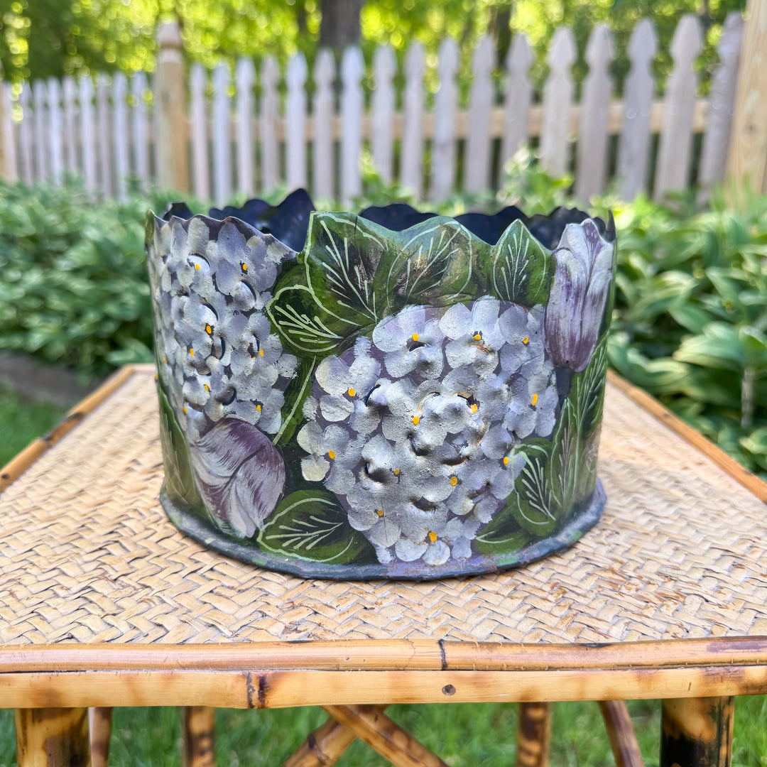 Vintage Hand-Painted Hydrangea Tole Metal Round Planter