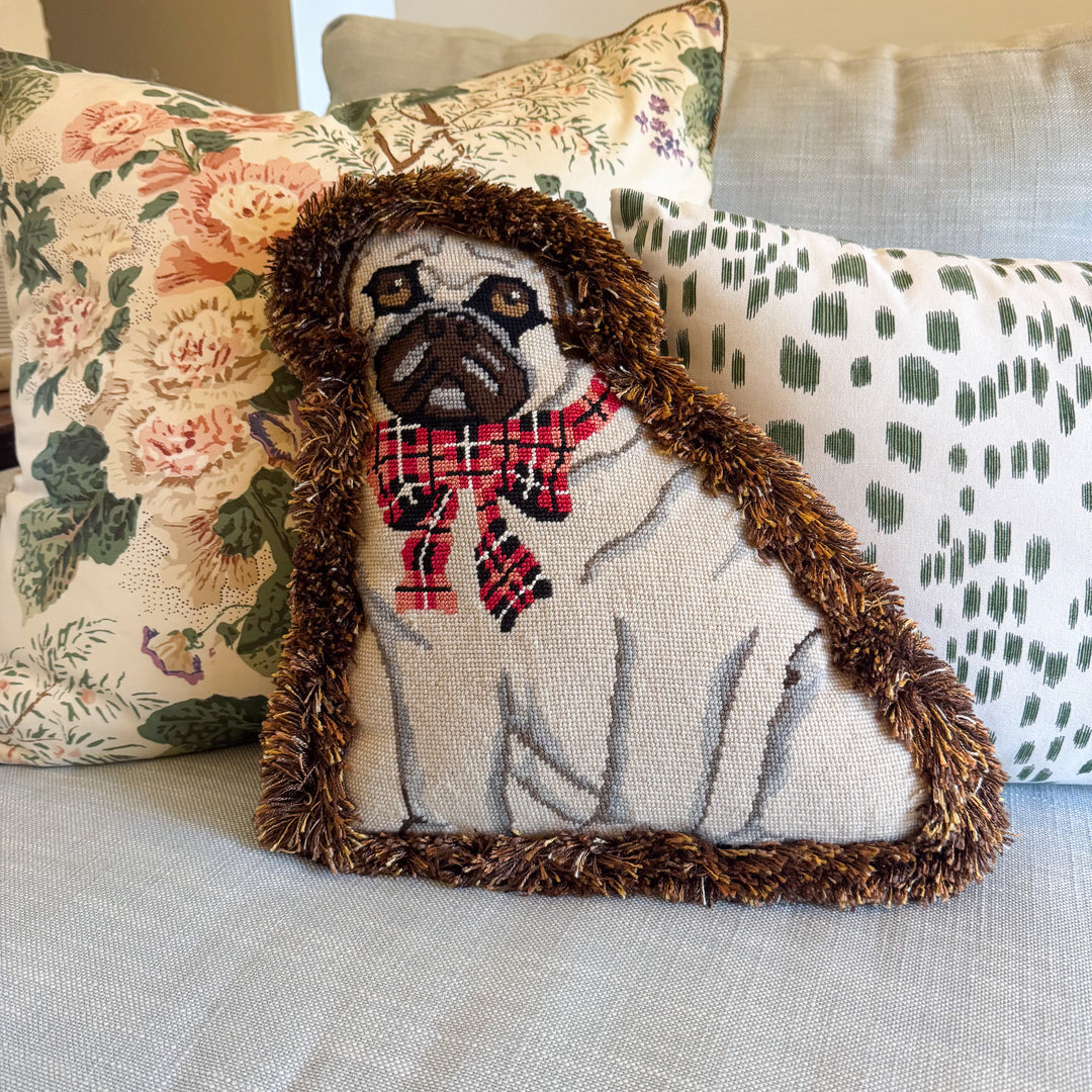 Pug Dog Shaped Needlepoint Pillow with Fringe Edge