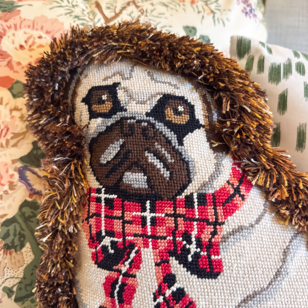 Pug Dog Shaped Needlepoint Pillow with Fringe Edge