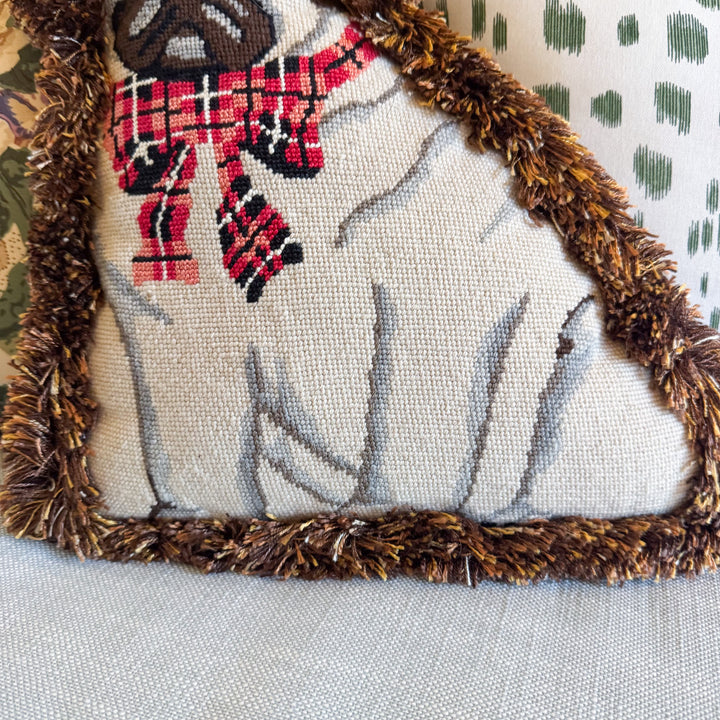 Pug Dog Shaped Needlepoint Pillow with Fringe Edge