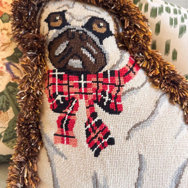 Pug Dog Shaped Needlepoint Pillow with Fringe Edge