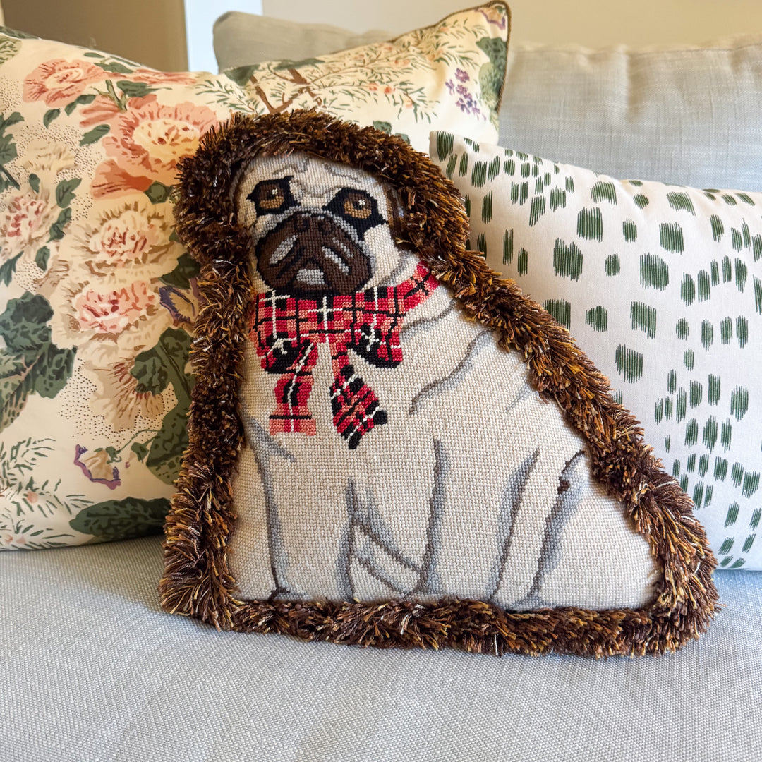 Pug Dog Shaped Needlepoint Pillow with Fringe Edge