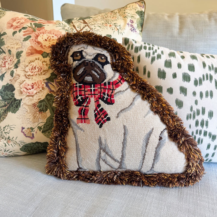 Pug Dog Shaped Needlepoint Pillow with Fringe Edge
