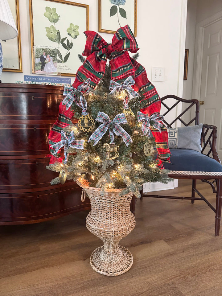 English Horse Brass Medallion Ornament with Stewart Tartan Bow - Rearing Horse