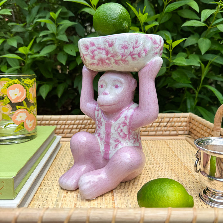Pink Chinoiserie Monkey with Bowl