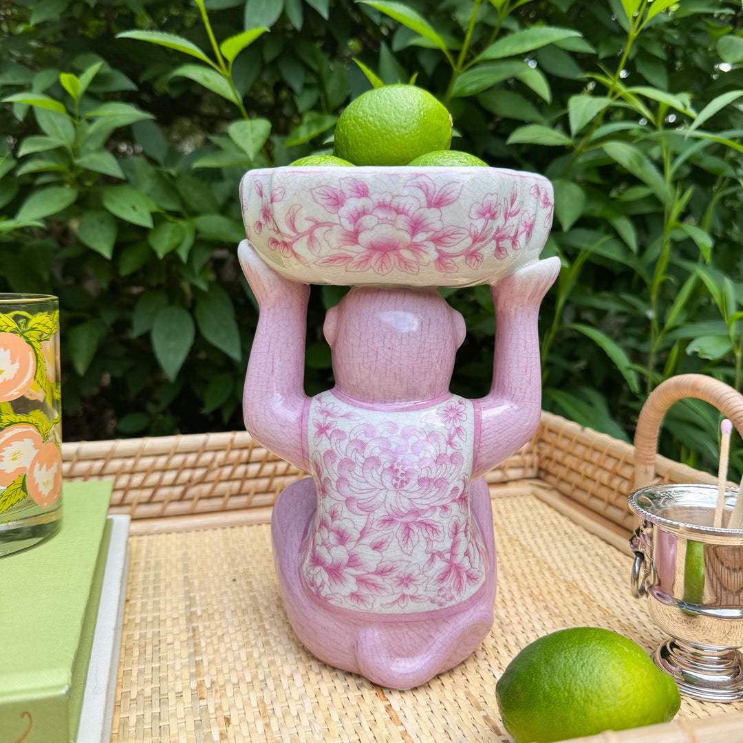 Pink Chinoiserie Monkey with Bowl