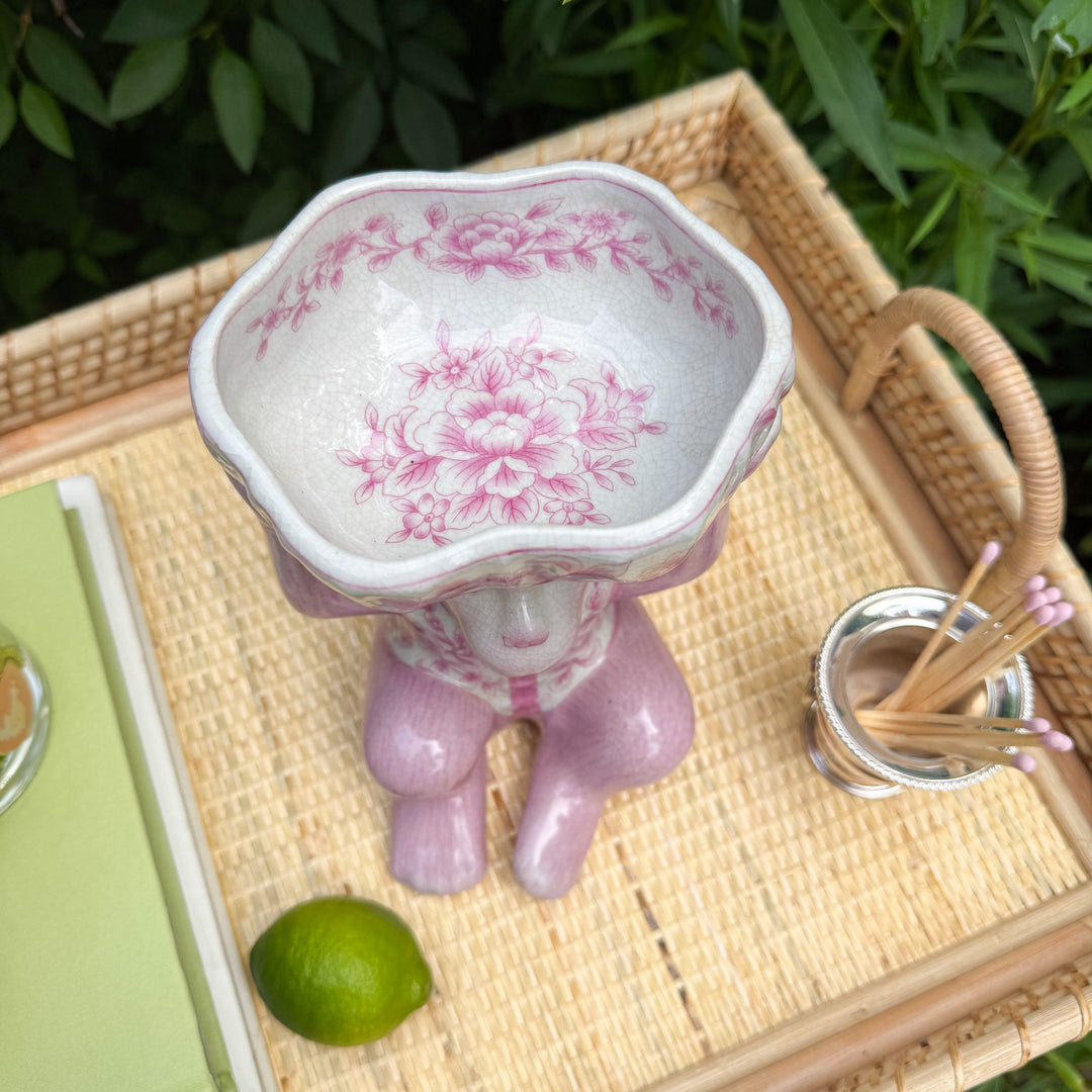 Pink Chinoiserie Monkey with Bowl