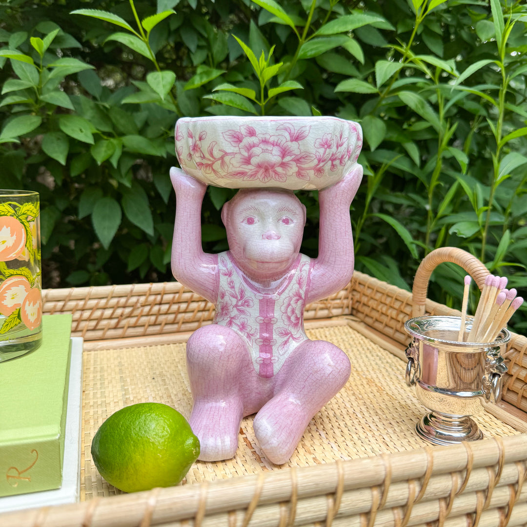 Pink Chinoiserie Monkey with Bowl
