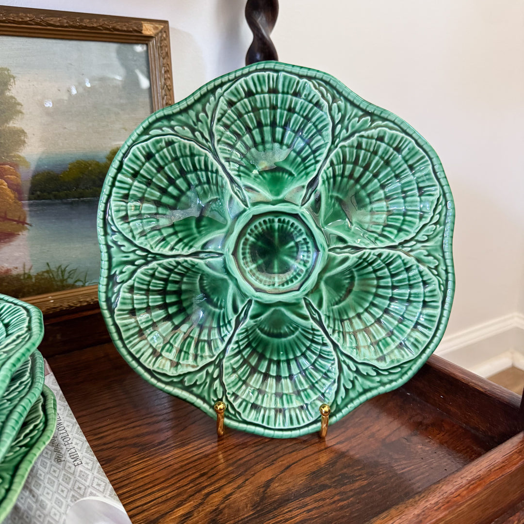 Vintage French Sarreguemines Green Majolica Oyster Plate