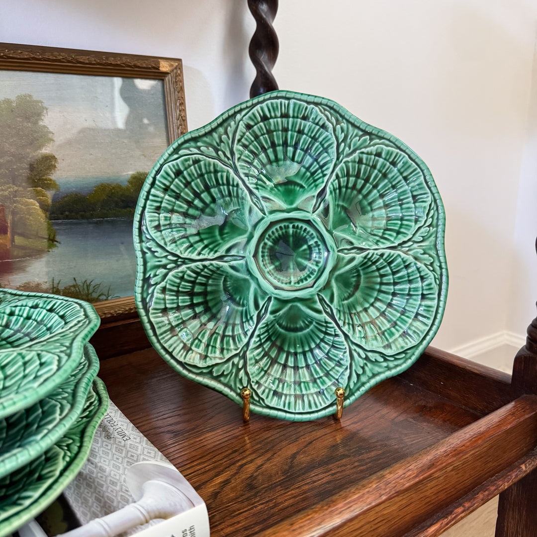 Vintage French Sarreguemines Green Majolica Oyster Plate