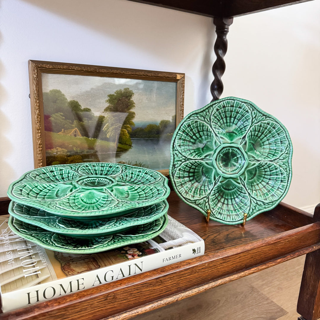 Vintage French Sarreguemines Green Majolica Oyster Plate