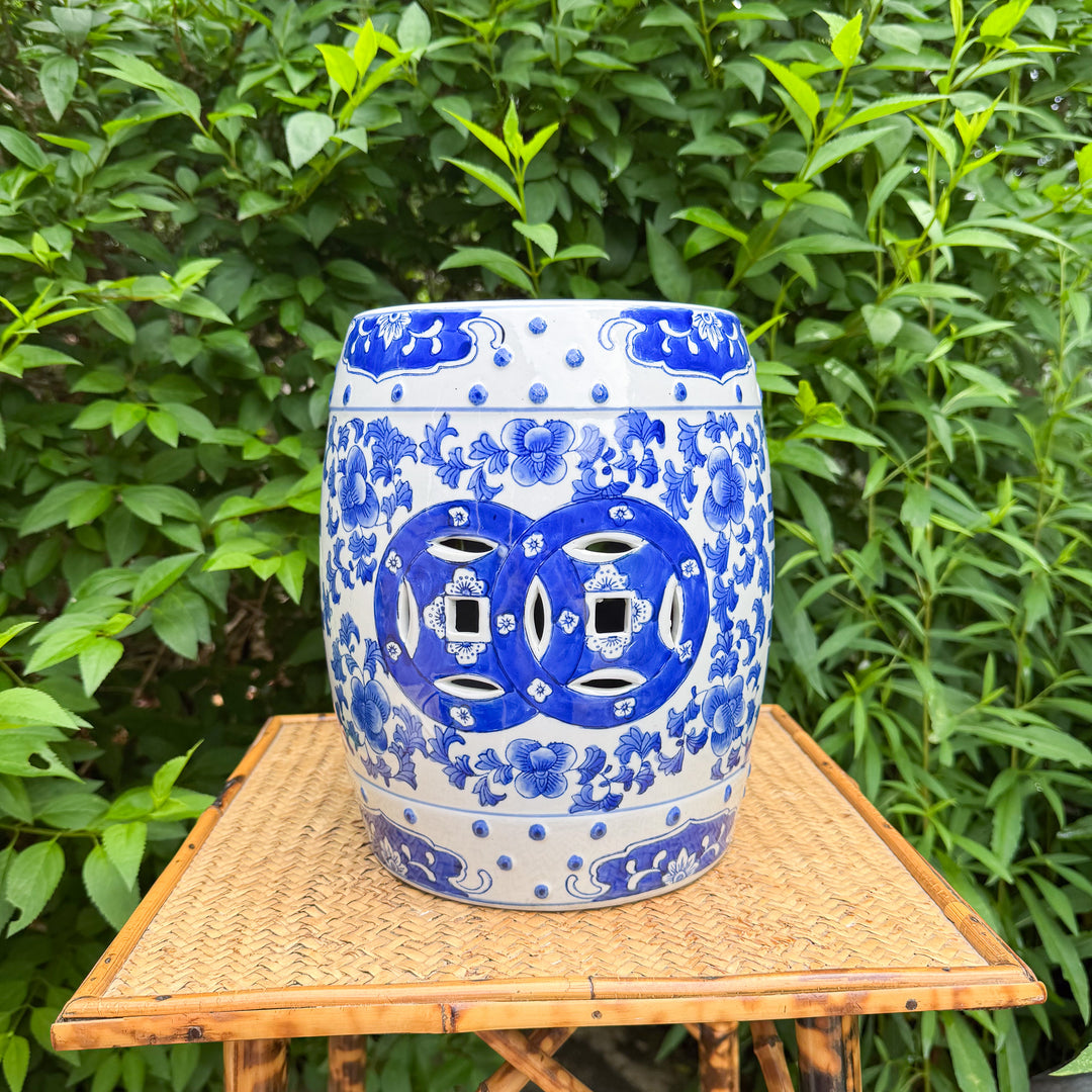 Vintage Small Blue and White Chinoiserie Garden Stool