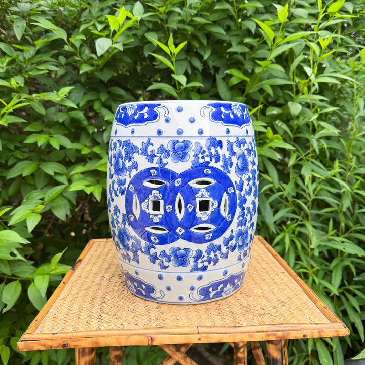 Vintage Small Blue and White Chinoiserie Garden Stool