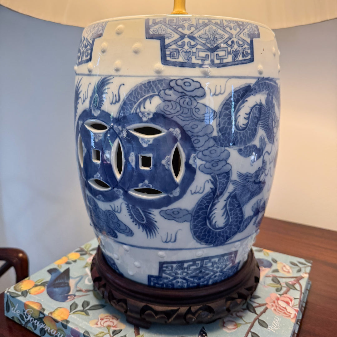 Vintage Blue and White Dragon Garden Stool Lamp