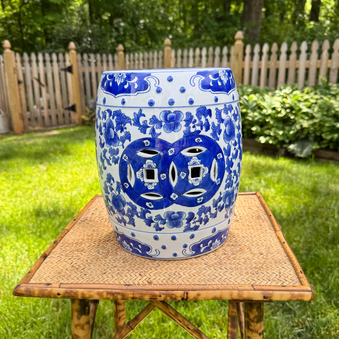 Vintage Small Blue and White Chinoiserie Garden Stool