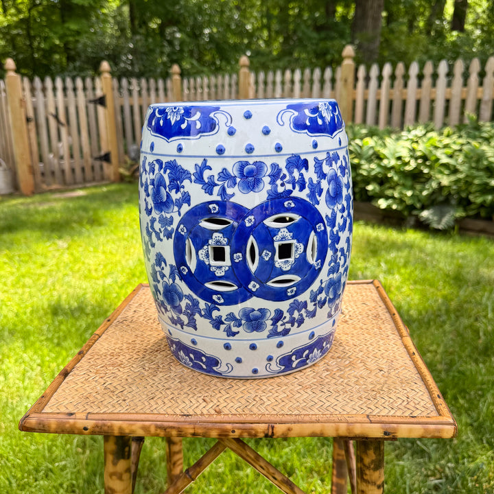 Vintage Small Blue and White Chinoiserie Garden Stool