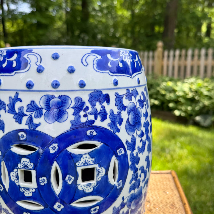 Vintage Small Blue and White Chinoiserie Garden Stool