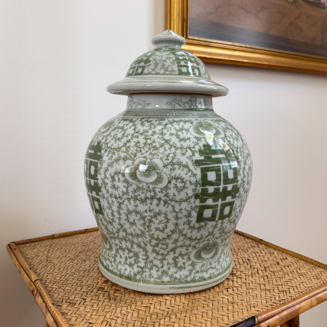 Green and White Double Happiness Temple Jar