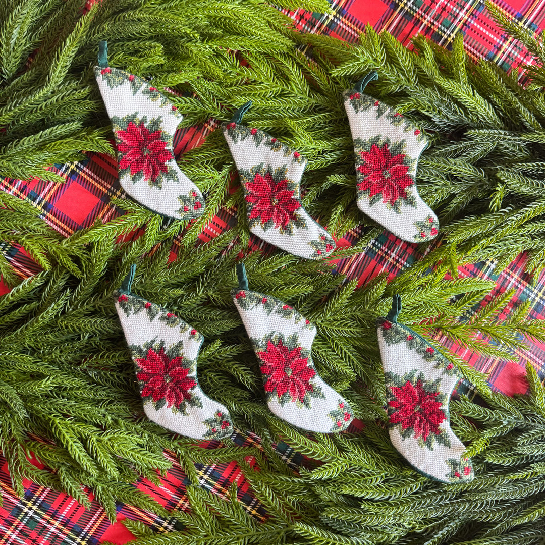 Vintage Mini Needlepoint Poinsettia Christmas Stockings - Sold Individually