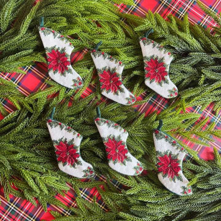 Vintage Mini Needlepoint Poinsettia Christmas Stockings - Sold Individually