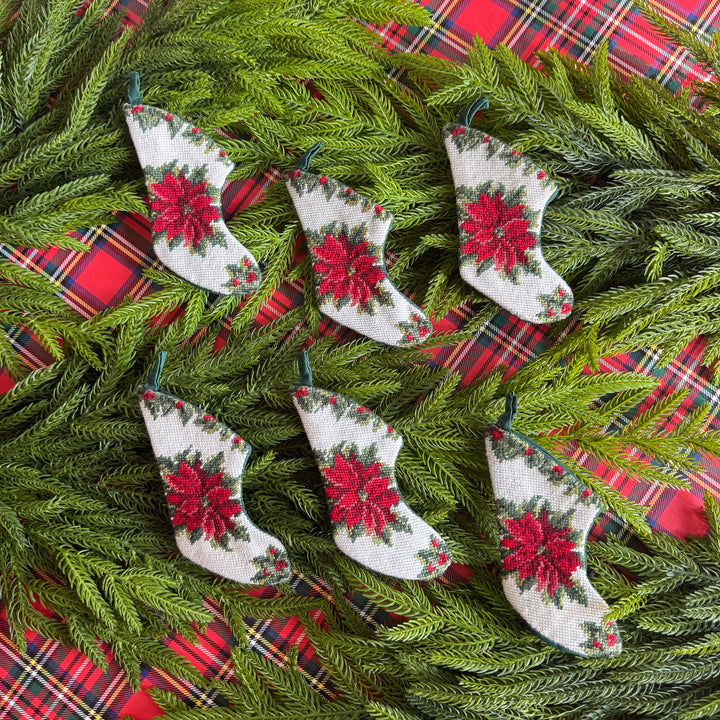 Vintage Mini Needlepoint Poinsettia Christmas Stockings - Sold Individually
