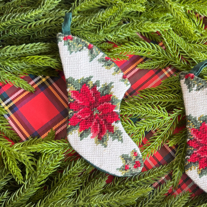 Vintage Mini Needlepoint Poinsettia Christmas Stockings - Sold Individually