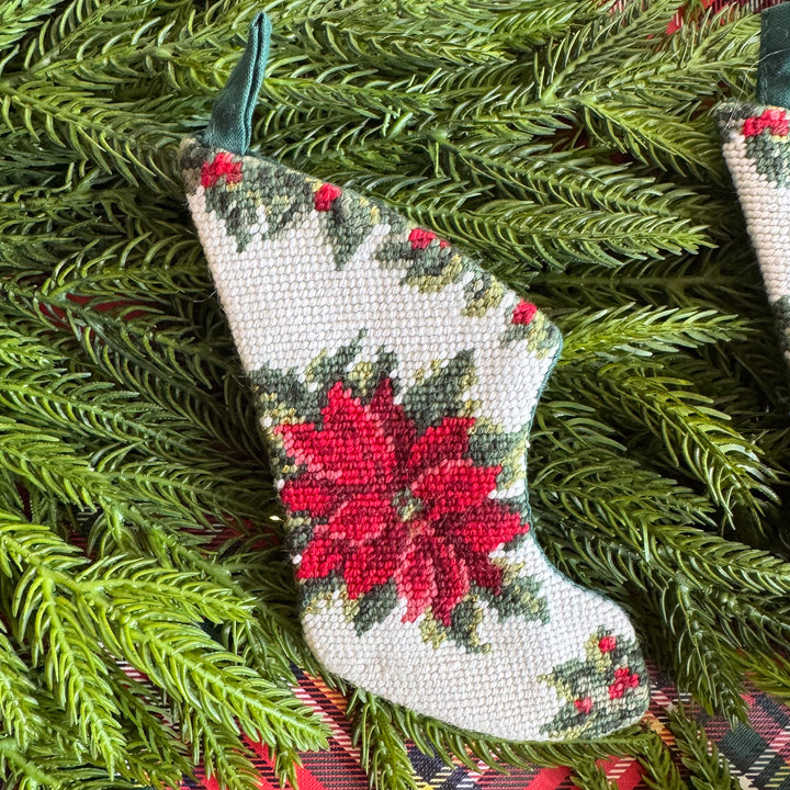 Vintage Mini Needlepoint Poinsettia Christmas Stockings - Sold Individually